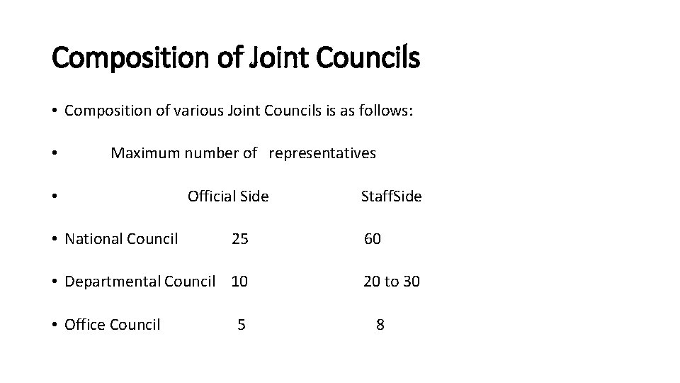 Composition of Joint Councils • Composition of various Joint Councils is as follows: •