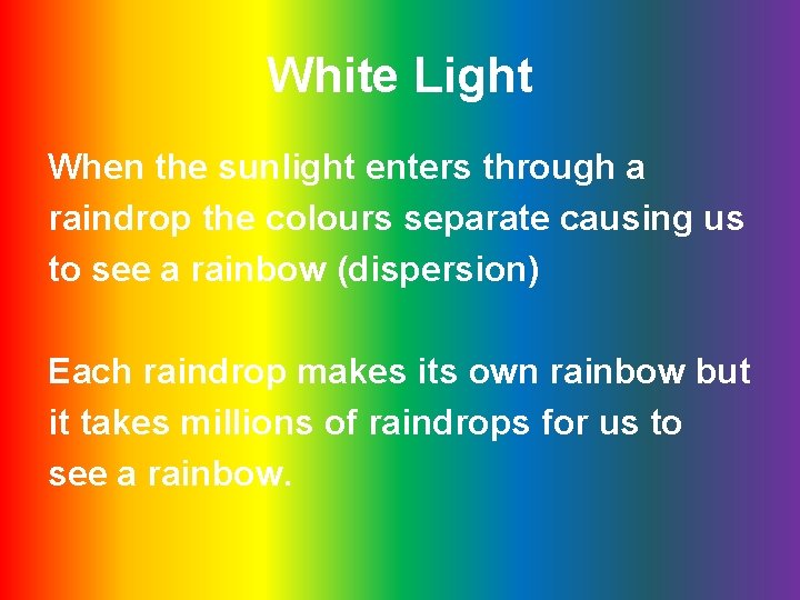 White Light When the sunlight enters through a raindrop the colours separate causing us