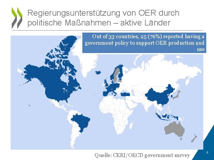 Regierungsunterstützung von OER durch politische Maßnahmen – aktive Länder Out of 33 countries, 25