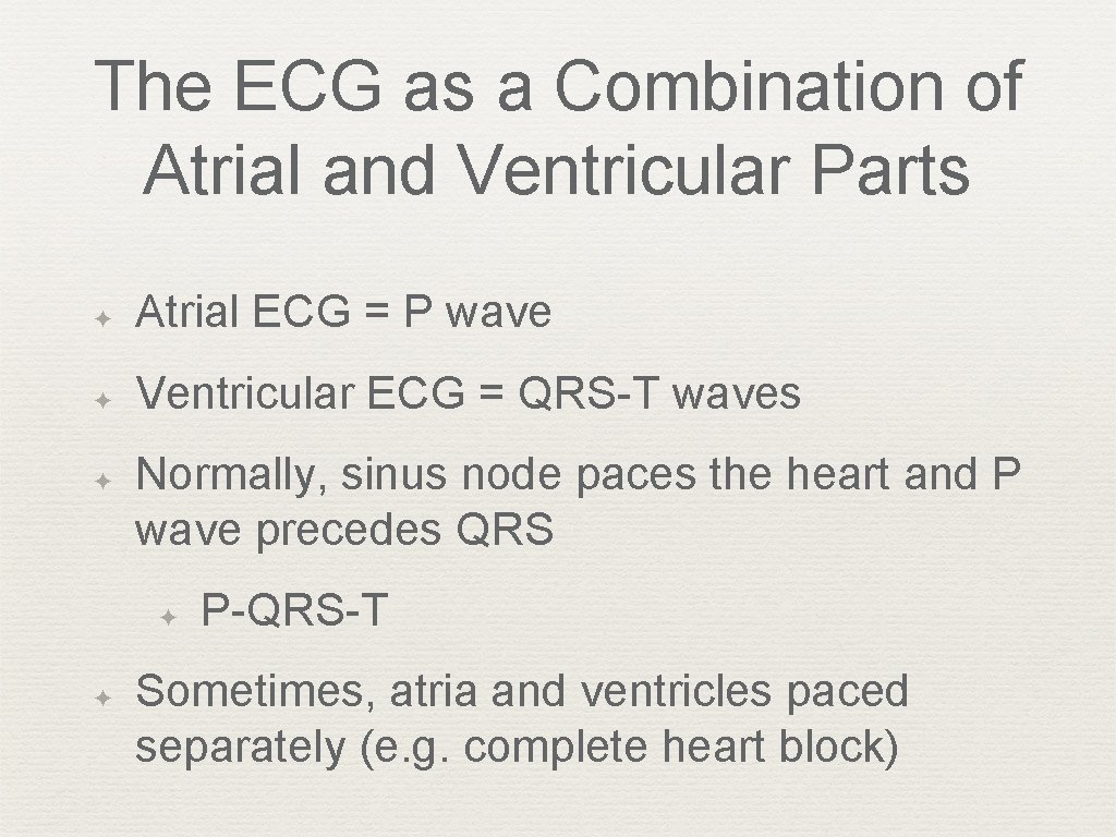 The ECG as a Combination of Atrial and Ventricular Parts ✦ Atrial ECG =