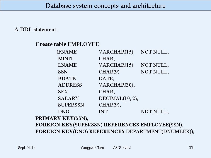 Database system concepts and architecture A DDL statement: Create table EMPLOYEE (FNAME VARCHAR(15) NOT