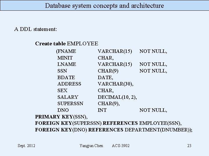 Database system concepts and architecture A DDL statement: Create table EMPLOYEE (FNAME VARCHAR(15) NOT Database system concepts and architecture A DDL statement: Create table EMPLOYEE (FNAME VARCHAR(15) NOT