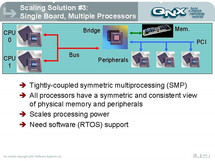 Scaling Solution #3: Single Board, Multiple Processors Bridge CPU 0 CPU 1 Mem. PCI