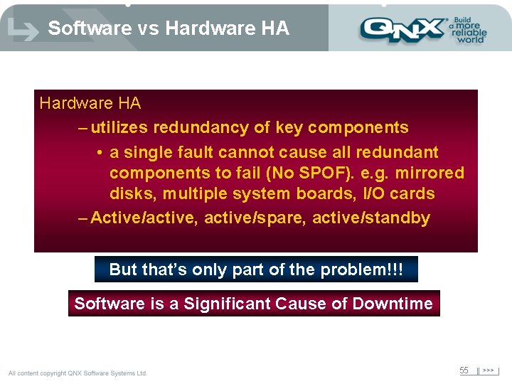 Software vs Hardware HA – utilizes redundancy of key components • a single fault