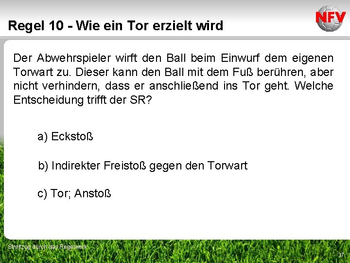 Regel 10 - Wie ein Tor erzielt wird Der Abwehrspieler wirft den Ball beim