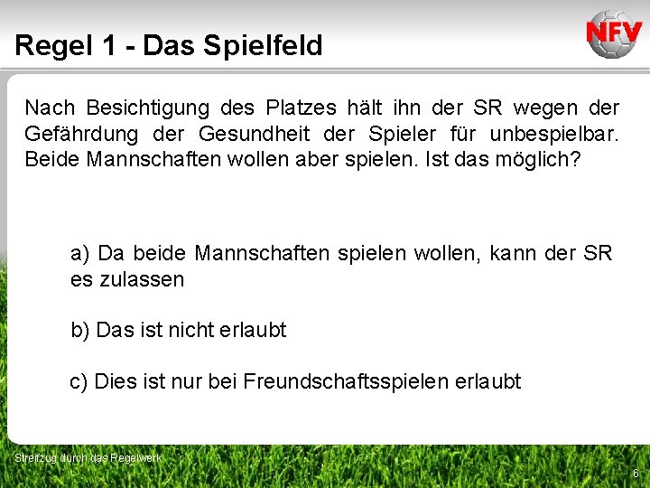 Regel 1 - Das Spielfeld Nach Besichtigung des Platzes hält ihn der SR wegen