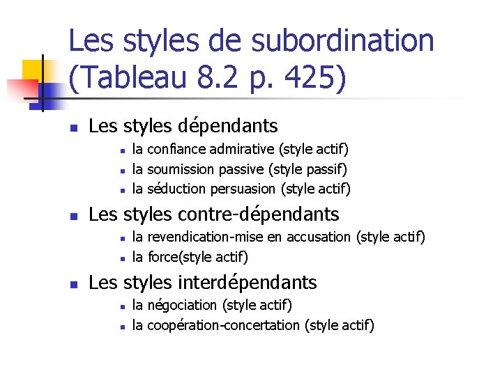 Les styles de subordination (Tableau 8. 2 p. 425) n Les styles dépendants n