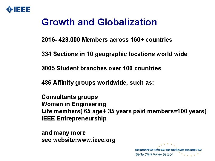 Growth and Globalization 2016 - 423, 000 Members across 160+ countries 334 Sections in
