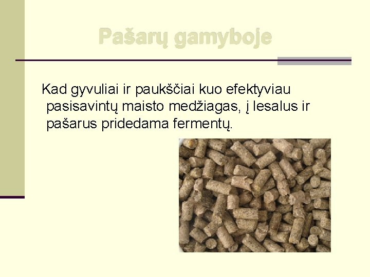 Pašarų gamyboje Kad gyvuliai ir paukščiai kuo efektyviau pasisavintų maisto medžiagas, į lesalus ir