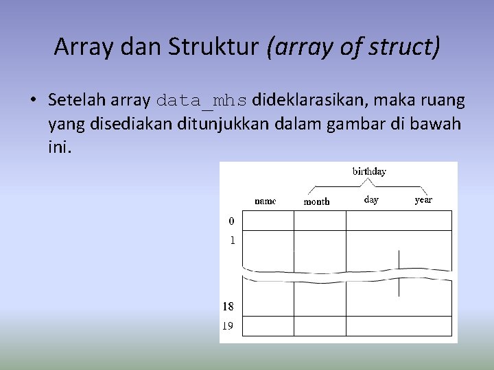 Array dan Struktur (array of struct) • Setelah array data_mhs dideklarasikan, maka ruang yang