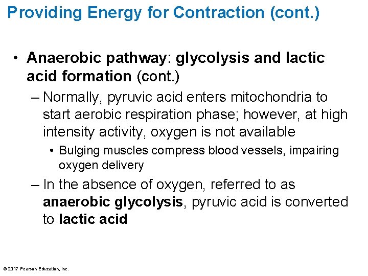 Providing Energy for Contraction (cont. ) • Anaerobic pathway: glycolysis and lactic acid formation Providing Energy for Contraction (cont. ) • Anaerobic pathway: glycolysis and lactic acid formation
