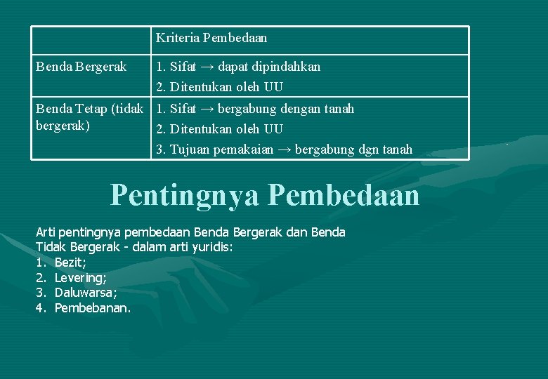 Kriteria Pembedaan Benda Bergerak 1. Sifat → dapat dipindahkan 2. Ditentukan oleh UU Benda