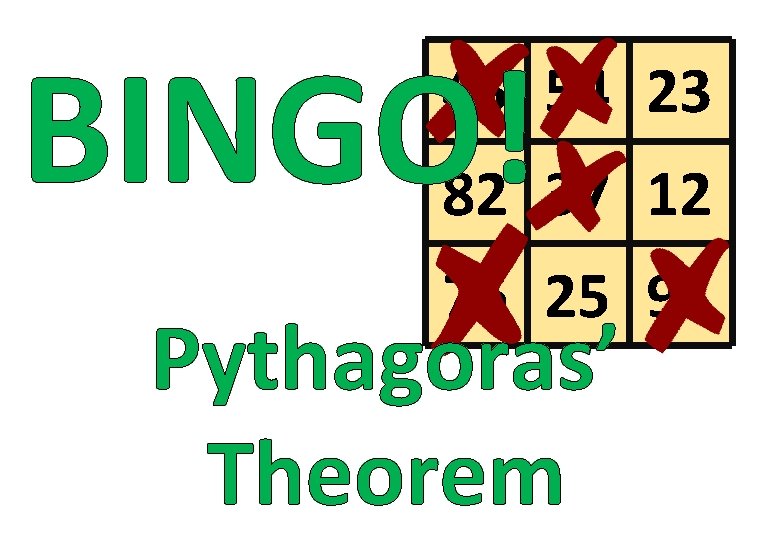 BINGO! 45 54 23 82 37 12 76 25 91 Pythagoras’ Theorem 