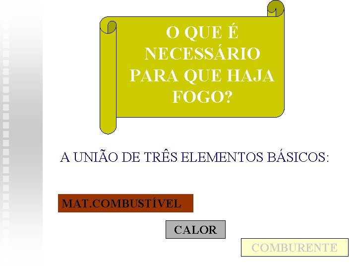 O QUE É NECESSÁRIO PARA QUE HAJA FOGO? A UNIÃO DE TRÊS ELEMENTOS BÁSICOS: