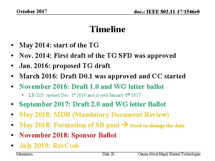 October 2017 doc. : IEEE 802. 11 -17/1546 r 0 Timeline • • •