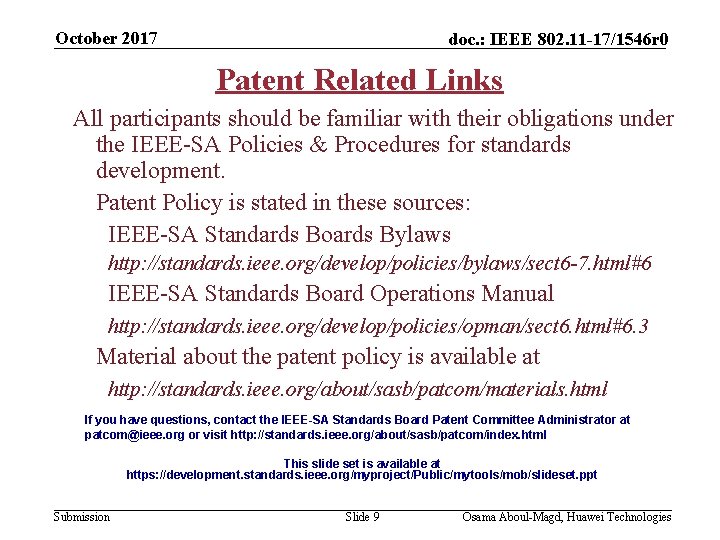 October 2017 doc. : IEEE 802. 11 -17/1546 r 0 Patent Related Links All