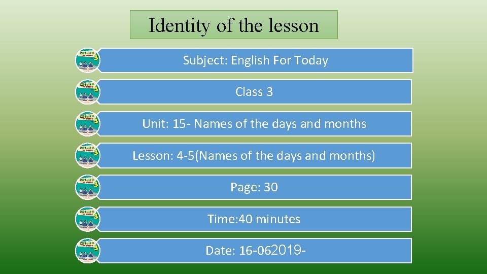 Identity of the lesson Subject: English For Today Class 3 Unit: 15 - Names