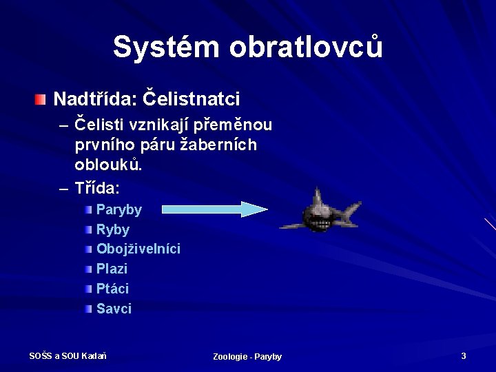 Systém obratlovců Nadtřída: Čelistnatci – Čelisti vznikají přeměnou prvního páru žaberních oblouků. – Třída: