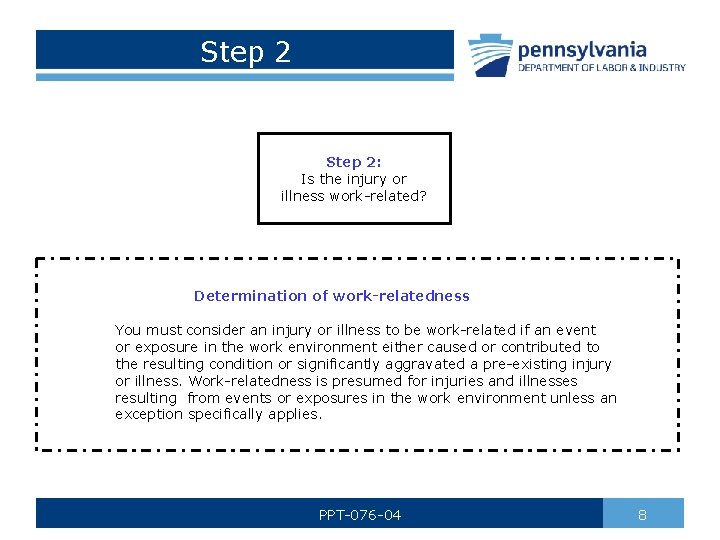 Step 2: Is the injury or illness work-related? Determination of work-relatedness You must consider