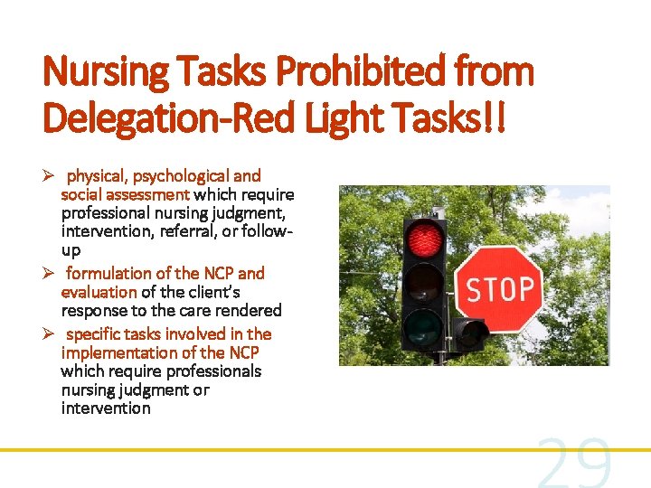 Nursing Tasks Prohibited from Delegation-Red Light Tasks!! Ø physical, psychological and social assessment which