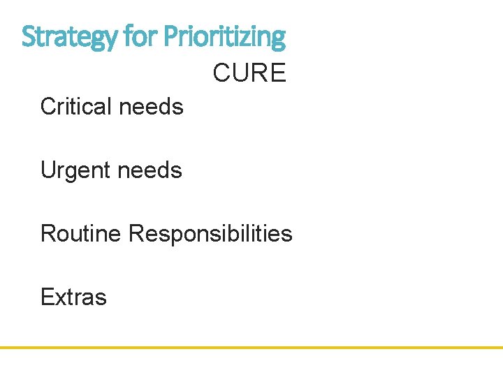 Strategy for Prioritizing CURE Critical needs Urgent needs Routine Responsibilities Extras 