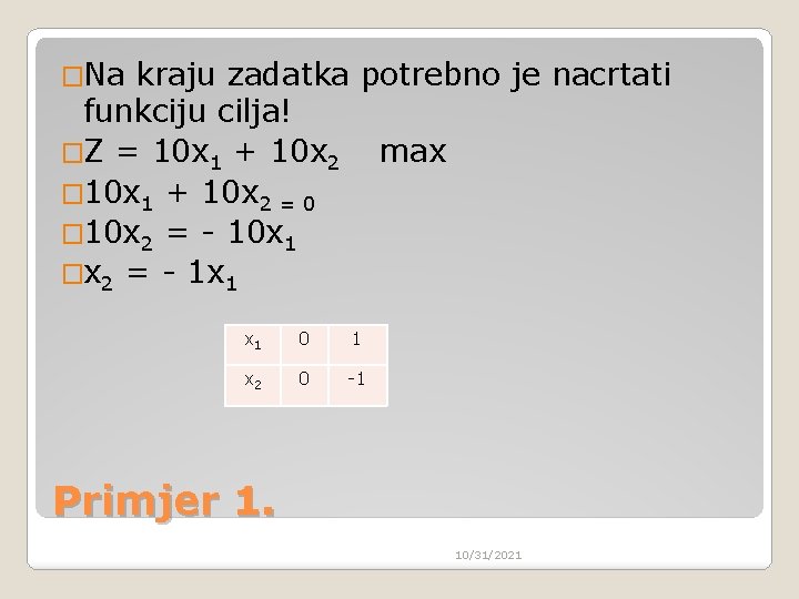 �Na kraju zadatka potrebno je nacrtati funkciju cilja! �Z = 10 x 1 +