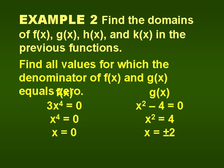 EXAMPLE 2 Find the domains of f(x), g(x), h(x), and k(x) in the previous