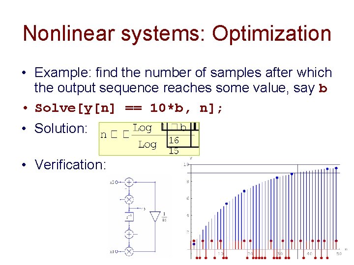 Nonlinear systems: Optimization • Example: find the number of samples after which the output