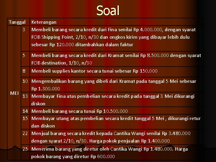 Soal Tanggal 3 5 8 Keterangan Membeli barang secara kredit dari Fina senilai Rp