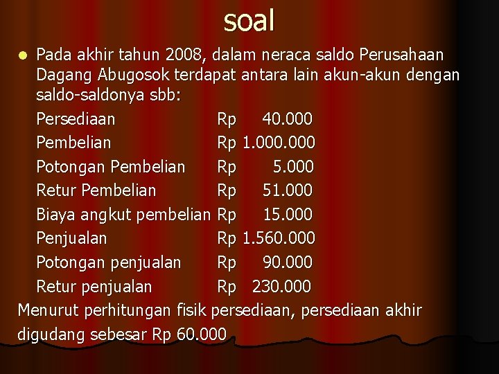 soal Pada akhir tahun 2008, dalam neraca saldo Perusahaan Dagang Abugosok terdapat antara lain