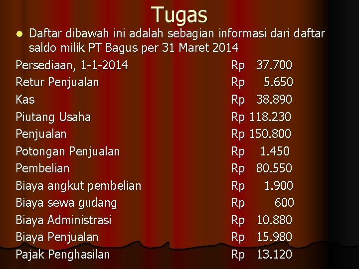 Tugas Daftar dibawah ini adalah sebagian informasi dari daftar saldo milik PT Bagus per