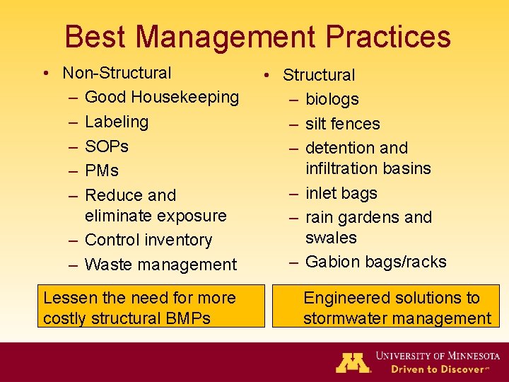 Best Management Practices • Non-Structural – Good Housekeeping – Labeling – SOPs – PMs