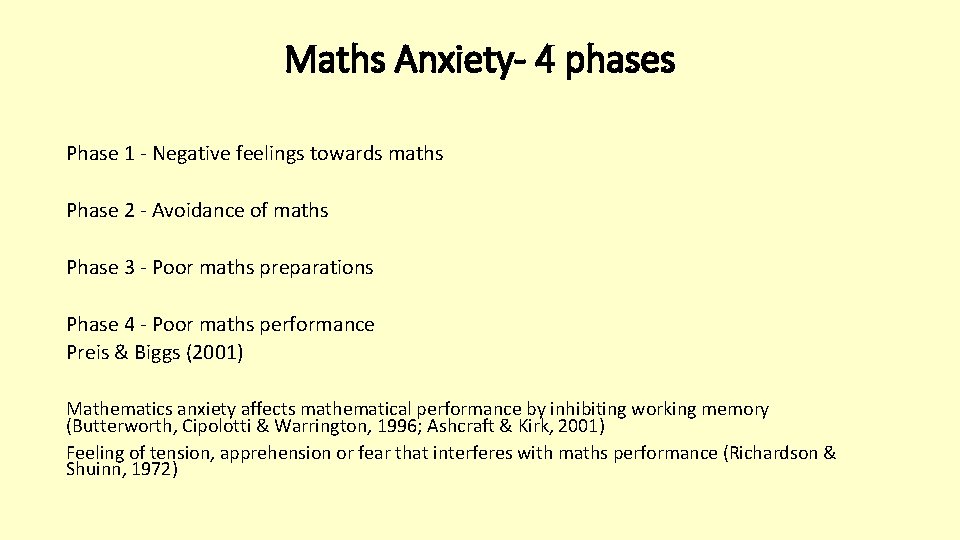 Maths Anxiety- 4 phases Phase 1 - Negative feelings towards maths Phase 2 -