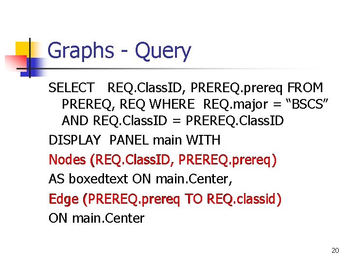 Graphs - Query SELECT REQ. Class. ID, PREREQ. prereq FROM PREREQ, REQ WHERE REQ.