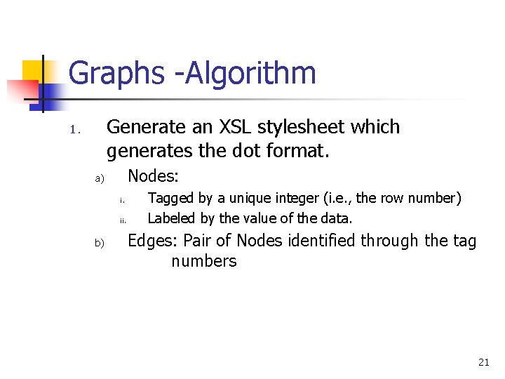 Graphs -Algorithm Generate an XSL stylesheet which generates the dot format. 1. Nodes: a)