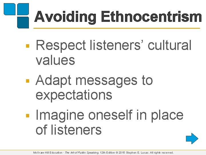 Avoiding Ethnocentrism Respect listeners’ cultural values § Adapt messages to expectations § Imagine oneself