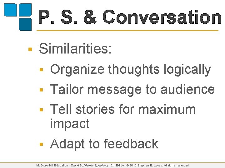 P. S. & Conversation § Similarities: Organize thoughts logically § Tailor message to audience