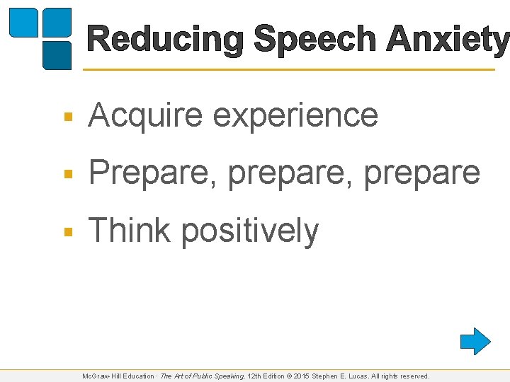 Reducing Speech Anxiety § Acquire experience § Prepare, prepare § Think positively Mc. Graw-Hill