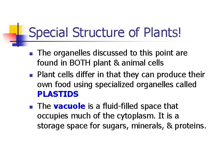 Special Structure of Plants! n n n The organelles discussed to this point are