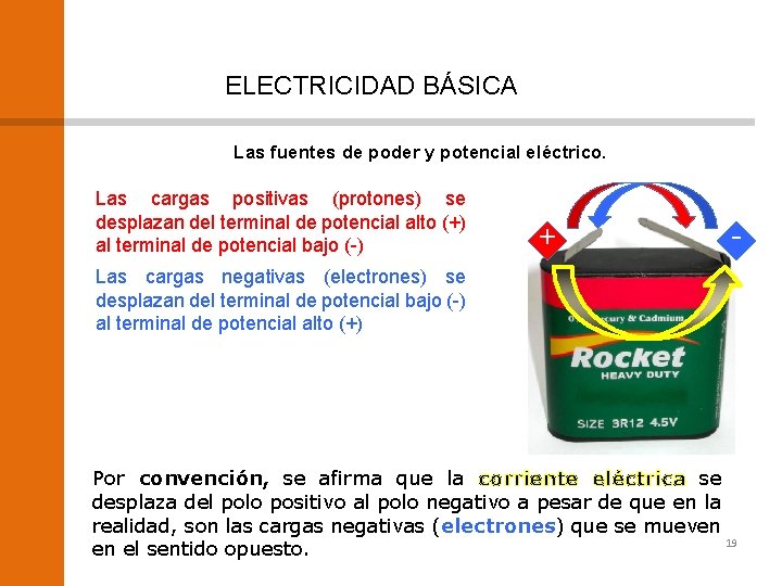 ELECTRICIDAD BÁSICA Las fuentes de poder y potencial eléctrico. Las cargas positivas (protones) se