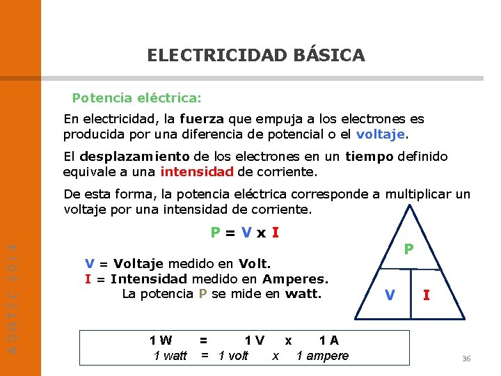 ELECTRICIDAD BÁSICA Potencia eléctrica: En electricidad, la fuerza que empuja a los electrones es