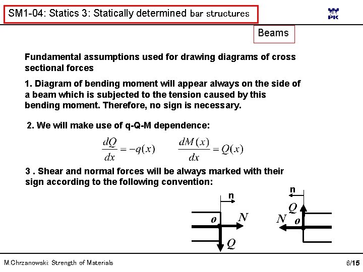 SM 1 -04: Statics 3: Statically determined bar structures Beams Fundamental assumptions used for