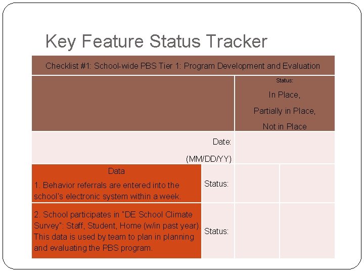 Key Feature Status Tracker Checklist #1: School-wide PBS Tier 1: Program Development and Evaluation