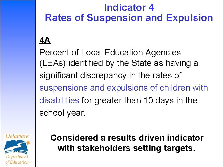 Indicator 4 Rates of Suspension and Expulsion 4 A Percent of Local Education Agencies