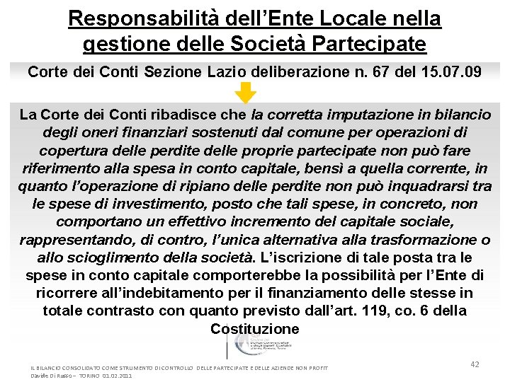 Responsabilità dell’Ente Locale nella gestione delle Società Partecipate Corte dei Conti Sezione Lazio deliberazione