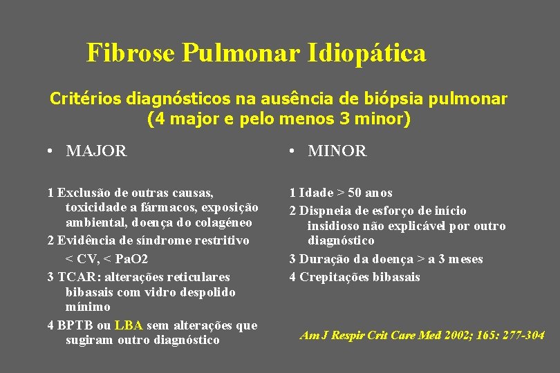 Fibrose Pulmonar Idiopática Critérios diagnósticos na ausência de biópsia pulmonar (4 major e pelo