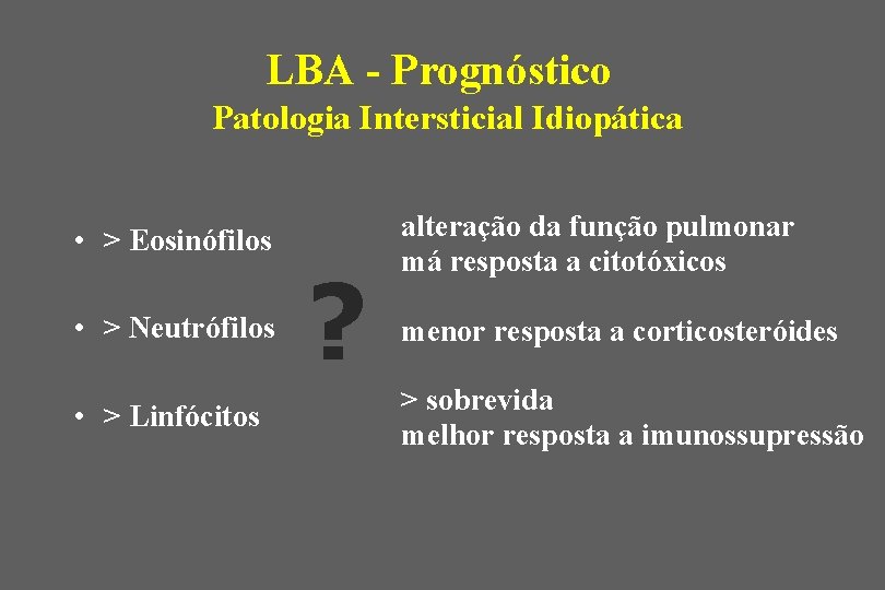 LBA - Prognóstico Patologia Intersticial Idiopática • > Eosinófilos • > Neutrófilos • >