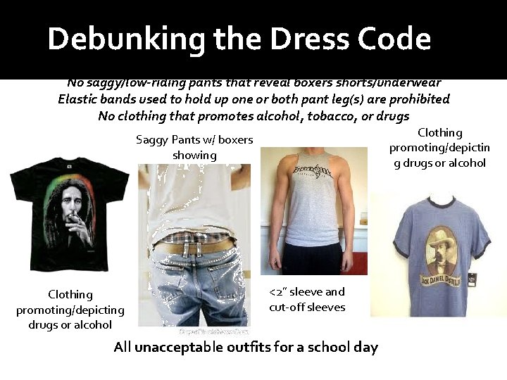 Debunking the Dress Code No saggy/low-riding pants that reveal boxers shorts/underwear Elastic bands used