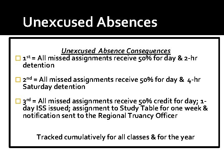 Unexcused Absences Unexcused Absence Consequences � 1 st = All missed assignments receive 50%