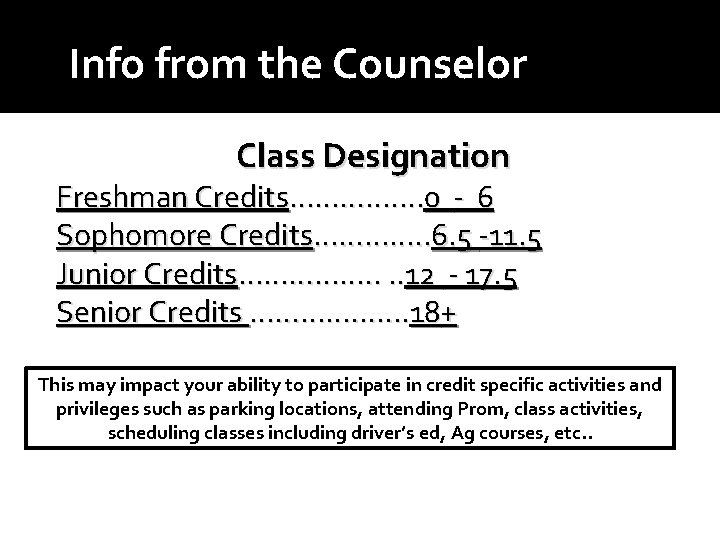 Info from the Counselor Class Designation Freshman Credits…………. … 0 - 6 Sophomore Credits………….